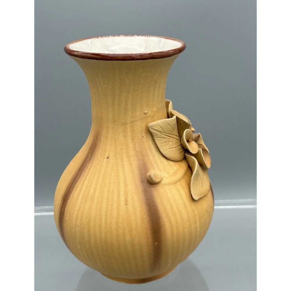 Vintage Mustard Yellow Flower Vase Floral Design Handmade Ceramic Pottery  7